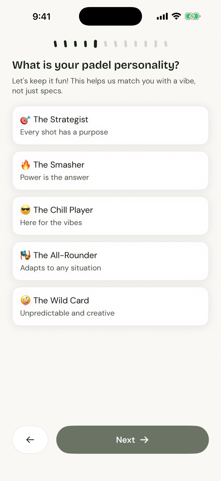 The What The Padel app quiz — a padel personality question with fun style options